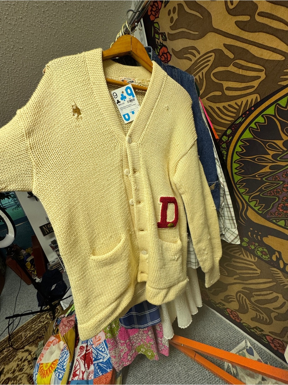 Princeton Vintage Letterman Sweater w Pin Cream Knit Cardigan with Red 'D' Patch